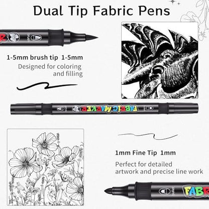 Thboxes Black Fabric Markers, 12 Pack Permanent Markers for Clothes Dual Tip Brush & Fine 1-5mm, Quick Dry Fabric Pen for T-Shirts Hats Tote Bags Canvas Shoes Sneakers
