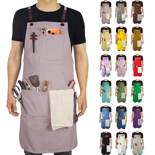 Kitchen Apron, Work Apron, Canvas, Multiple Pockets, Gardening, Painting, BBQ, Artist, Carpenter, Sizes M to XXL, Grey - color: Grey