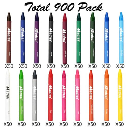 Madisi Crayon Bulk pack, Regular Size, 18 Colors, 900 Count | Large Box Set of Crayons for Kids, School Classroom Supplies