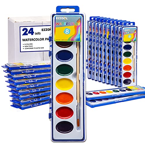 Ezzgol Watercolor Paint Sets Bulk Pack of 24, 8 Colors Washable Paint Sets for Kids, Quality Water Color Wooden Brushes, Perfect for Preschool Classroom