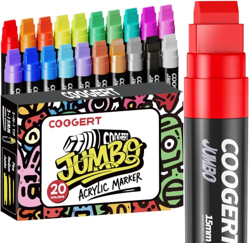 Coogert 20 Colors Jumbo Poster Markers, 15MM Thick Permanent Acrylic Graffiti Markers, Wide Tip Paint Marker for Canvas, Posters Board, Fabric, Window, Wood,Teachers,Banner painting supplies - color: 20 Colors
