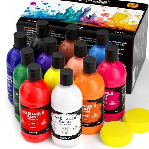 Nicpro 12 Colors Large Washable Paint Set for Kid (16.9oz), Acrylic Bulk Paint Supplies Non Toxic Tempera Paint for Art, Craft DIY, Poster & Finger Paint, School, Home, Teacher Classroom Must Haves - color: 12 Colors, size: 16.9 Fl Oz (Pack of 12)