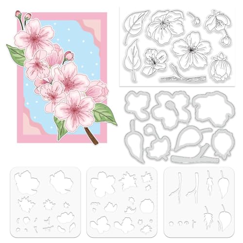 ORIGACH Realistic Peach Blossom Layering Stencils Set for Card Making, Flower Stencil Template Silicone Stamps and Die Sets for Scrapbooking DIY Crafting - color: Peach Blossom