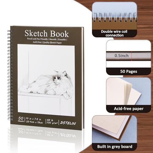 DSTELIN 10 x 7.5 Inch Spiral Bound Sketch Book for Drawing, 50 Sheets 68LB/100GSM Acid-Free Paper, Hardcover Sketch Pad for Students and Adults