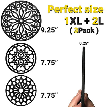 3 Set Silicone Trivet Mats with 1 Extra Large Included | Intricately Carved Insulated Flexible Durable Non Slip Thick Round Premium Trivets for Hot pots and Pans | Gray - color: Gray