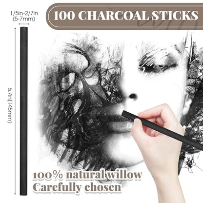 Gueevin 100 Pcs Willow Charcoal Sticks, Willow Charcoal, Artists, Beginners, Students, Perfect for Sketching, Drawing, Shading, and Fine Back to School Christmas Art Gifts (5-7mm) - size: 5-7mm