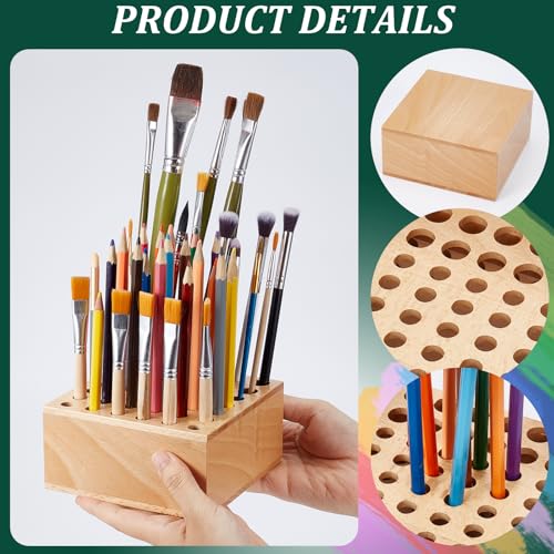 Beechwood Paint Brush Holder 42 Holes Paint Brush Storage Organizer Paintbrush Holder Organizer Wooden Block Pencil Holder for Makeup Brushes Pens and Art Tools