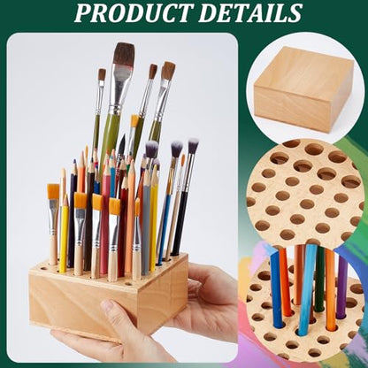 Beechwood Paint Brush Holder 42 Holes Paint Brush Storage Organizer Paintbrush Holder Organizer Wooden Block Pencil Holder for Makeup Brushes Pens and Art Tools