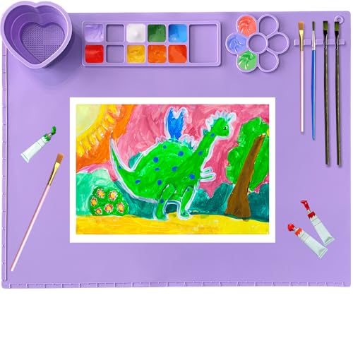 Silicone Painting Mat,20"X16"Large Silicone Art mat, Art Mat with Cup, Easy Clean up, Protects Surfaces Perfectly. for Paint, Color, Play with Clay/Play Dough.(Purple) - color: Purple