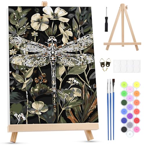 MXJSUA Dragonfly Paint by Numbers Kit with Frame for Adults, Easy Beginners Paint by Number on Canvas with Easel, Acrylic Number Painting Craft Gifts for Home Decor, 8x12 inch - color: Dragonfly