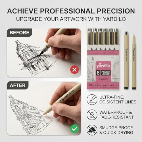 Yardlio Pen Set - 6 Fineliner Pens for Journaling, Writing, and Drawing - Nice Pens for Art, Journals, & Creative Work - Best Pens for Sketching and Journaling