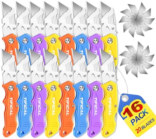 Folding Utility Knife Set, Quick Change Folding Box Cutter with Clip, Extra 20 SK5 Razor Knife Blades, Navajas Para Trabajo, Pocket Utility Knife for Work, Carton, Cardboard, Packages|16PACK - size: 16 Pack+20 Blades