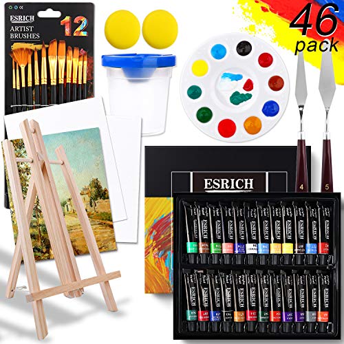 ESRICH Acrylic Paint Set,46 Piece Professional Painting Supplies with Paint Brushes, Acrylic Paints, Easel, Canvases, Palette, Paint Knives, Brush Cup and Art Sponges for Hobbyists and Beginners - color: 24color