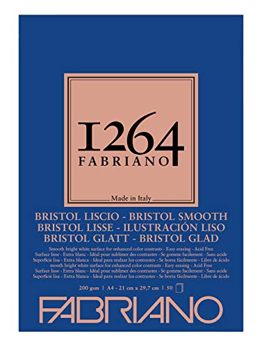 Honsell 19100654 Fabriano Bristol Pad 1264, 4 Glued, 200 g/m², DIN A4, 50 Sheets of White, Extra Smooth Paper, Acid Free, Ideal for All Drying Techniques and Light Wet Techniques - size: A4