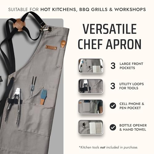Asaya Chef and BBQ Apron with Bottle Opener and Hand Towel - 10oz Cotton Canvas, Stainless Steel Hardware - Cross Back Straps - color: Grey