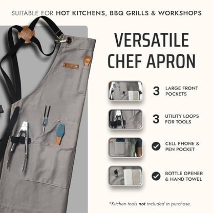 Asaya Chef and BBQ Apron with Bottle Opener and Hand Towel - 10oz Cotton Canvas, Stainless Steel Hardware - Cross Back Straps - color: Grey