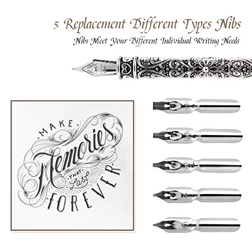 Quill Pen Antique Calligraphy Handmade Writting Quill Pen Set for English Writing, Vintage Stationery Gift with 1 Empty Ink Bottle 5 Nibs 1 Nib Base for