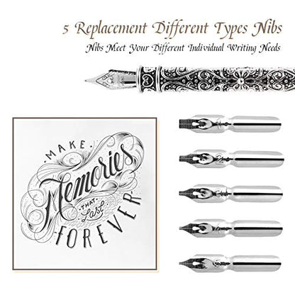 Quill Pen Antique Calligraphy Handmade Writting Quill Pen Set for English Writing, Vintage Stationery Gift with 1 Empty Ink Bottle 5 Nibs 1 Nib Base for