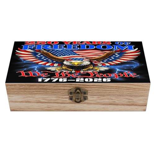 250 Years Of Freedom 1776 2026 American Eagle Flag Jewelry Box Wooden Rustic Multi-Purpose Organizer with Front Clasp for Jewelry, Crafts, Accessories & Small Items - color: style