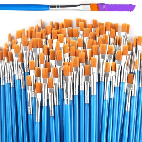 Halobios Paint Brushes Set for Acrylic Painting, 100 Pcs Flat Art Painting Brushes Acrylic Paint Brush, Nylon Paint Brush for Kids Adults Oil Watercolor Rock Painting Body Face Nail Art - size: 100-Flat