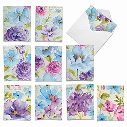The Best Card Company - 10 Boxed Note Cards with Flowers - Blank Assorted Floral Notecards Bulk (4 x 5.12 Inch) - Cool Blossoms M1708BN - style: Cool Blossoms