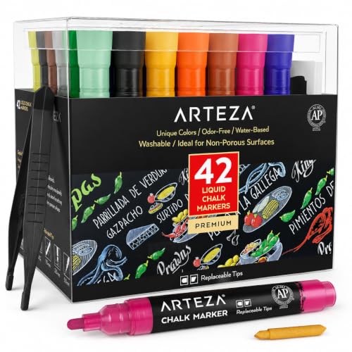 ARTEZA Liquid Chalk Markers, 42 Colors Pack with 50 Chalkboard Labels, Fine Tip Chalk Pens for Blackboard, Whiteboard, Windows, Mirrors, Glass - color: Multicolor