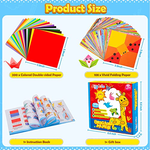 Origami Paper Set, 308PCS Kids Craft Paper Kit with Instructional Book for Girls Age 6,7,8,9,10,11,12, Art Projects Supplies for School Class Craft Lessons- Christmas Birthday Gifts for Boys&Girls