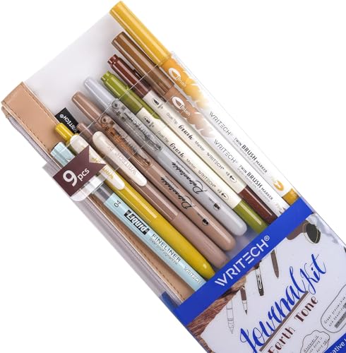 WRITECH Journaling Gel Pens Highlighters: 0.5mm Fine Point Retractable Gel Ink Pen Assorted Colored Highlighter Fineliner Multicolor Dual Tip Brush Marker Bulk Extra Smooth No Bleed 9ct (Earth Tone) - color: Earth Tone, size: 1 Count (Pack of 9)