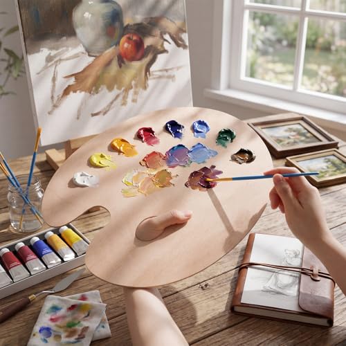 6 Pack Wooden Paint Palette, Large Oval Artist Palettes 15.7 x 11.8 Inch, Natural Wood Color Mixing Tray with Thumb Hole for Acrylic, Oil, Watercolor Painting, DIY Craft and Art Supplies