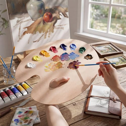 6 Pack Wooden Paint Palette, Large Oval Artist Palettes 15.7 x 11.8 Inch, Natural Wood Color Mixing Tray with Thumb Hole for Acrylic, Oil, Watercolor Painting, DIY Craft and Art Supplies