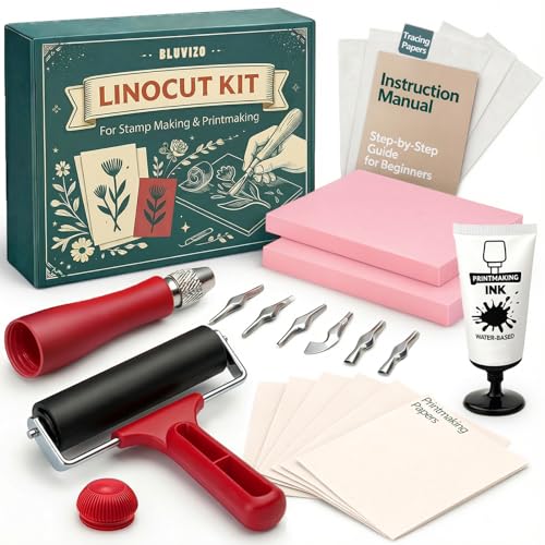 Linocut Kit for Printmaking & Stamp Making: Linocut Tools Block Printing Kit Supplies with Linoleum Blocks, Ink, Brayer, Guide for Beginners - DIY Hobby & Christmas Birthday Gift for Adults & Kids - color: Multicolor