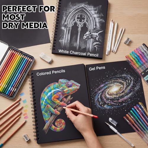 100 Sheets Black Paper Sketchbook(2 Pack), 108 lb/160gsm Heavyweight Black Sketch Pad 5.5×8.5in, Acid-Free Drawing Paper, Spiral Bound Sketch Book for Kids, Teens, Artist - size: 5.5×8.5 Inch (2 Pack )