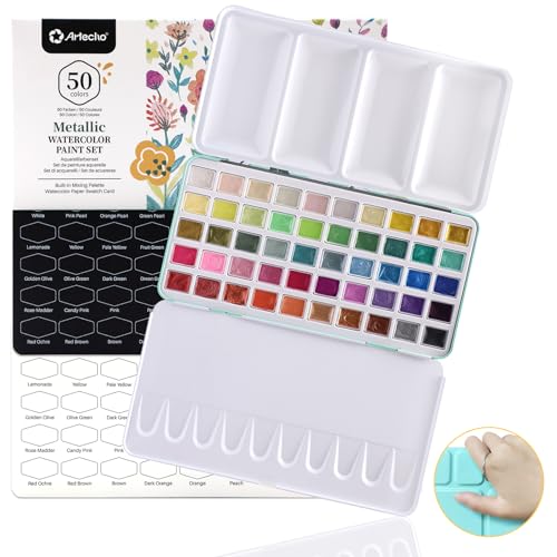 Artecho Metallic Watercolor Paints, 50 Glitter Watercolor Paint Set, Water Colors Paint Adult Set with Bottom Ring for Easy Holding, Ideal for Amateur Hobbyists, Painting Lovers and Artists - style: 50 Colors Metallic