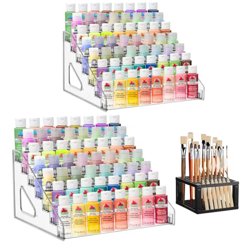 YEXEXINM 2 Pcs Clear Paint Organizer With Paint Brush Holder,7 Layers Acrylic Paint Organizer,Paint Storage Rack,Craft Paint Organizer Rack,Miniature Paint Holder for Paint Storage - color: Clear