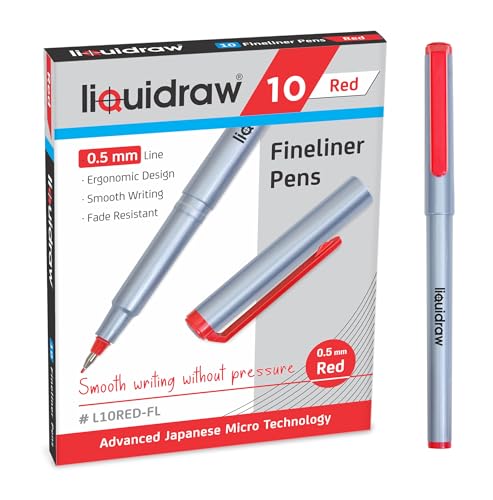 Liquidraw Red Colored Fineliner Pens, Fine 0.5mm Tip, Set of 10 | Fade-Resistant Ink For Writing, Drawing, Sketching, Handwriting, Calligraphy and Illustration, With Storage Wallet - color: Red