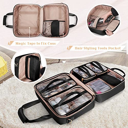 Professional Makeup Artist Travel Case with 4 Detachable Cosmetic Bags, Large Make up Organizer Bag with Makeup Kit Storage Section and Hair Tools Pocket, Black (Empty Bag Only) - color: Black