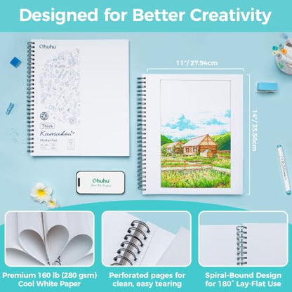 Ohuhu Double-Sided Marker Pad Sketchbook Bleedproof - 11"x14" Large Paper Size - 160 LB/280 GSM Heavyweight Smooth Drawing Paper - 50 Sheets/100 Pages - Spiral-Bound Sketch Book for Alcohol Markers - size: 11" x 14"