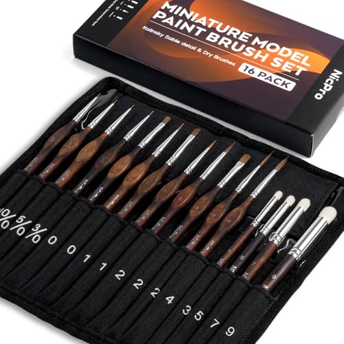 Nicpro 16 PCS Kolinsky Sable Miniature Paint Brushes Dry Brush, Professional Model Paint Brush Set with Cloth Roll, Fine Detail Artist Brush Set for Miniatures, Acrylic & Figures, Model, Watercolor - size: 16 PCS