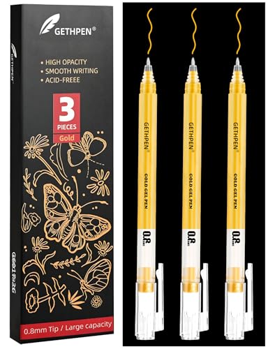 GETHPEN 0.8mm Gold Gel Pens 3-Pack – Extra Fine Point Opaque Ink for Black Paper Drawing, Sketching, Bullet Journaling & Holiday Card Design - size: 1 Count (Pack of 3), style: 3 Pack Gold
