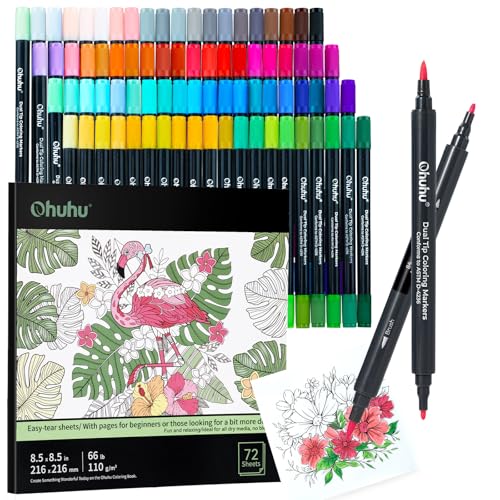 Ohuhu Markers Brush Tip 80-colors with 72-sheet Coloring Book - Double Tipped Markers for Adults Coloring Books - Art Marker Set Bundles with 100% Bleed-proof Pages - Fine & Brush Dual Tips