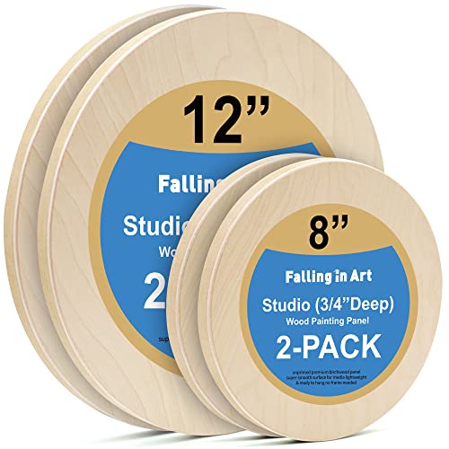 Falling in Art Unfinished Round Birch Wood Canvas Panels Kit, 4 Pack of 2 Sizes 8' and 12' Studio 3/4’’ Deep Cradle Boards for Pouring Art, Crafts, Painting, and More - size: 8'+12' round 2 PACK