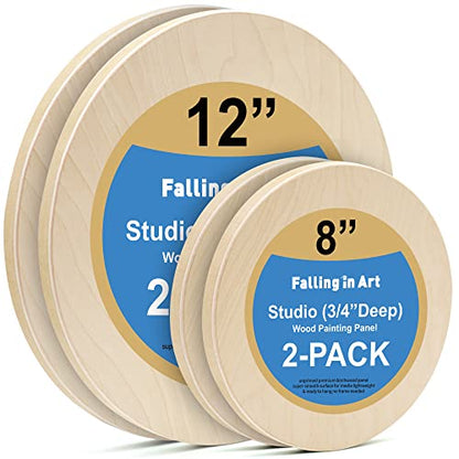 Falling in Art Unfinished Round Birch Wood Canvas Panels Kit, 4 Pack of 2 Sizes 8' and 12' Studio 3/4’’ Deep Cradle Boards for Pouring Art, Crafts, Painting, and More - size: 8'+12' round 2 PACK