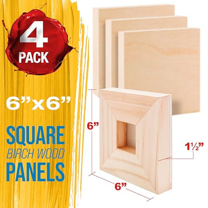 U.S. Art Supply 6" x 6" Unfinished Cradled Wood Panels for Painting, Gallery 1-1/2" Deep (4 Pack) - Artist Depth Wooden Wall Canvases - Mixed-Media Craft, Acrylic, Oil, Encaustic, Paint Pouring - size: 6" x 6", style: Square