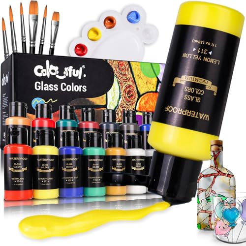 Colorful 14 Colors Stain Glass Paint Set with 6 Brushes, 1 Palette, Waterproof Permanent Glass Painting Kit for Kids to Arts on Wine Glasses,Bottle and Windows - color: 14 colors（1FL OZ）