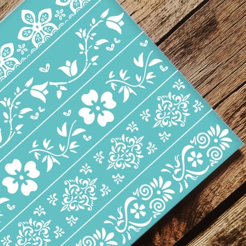 2 Pcs Flower Borders Silkscreen Stencil, Reusable Self-Adhesive Silk Screen Printing Plants and Floral Pattern Mesh Transfers Stencil for Painting on Wood Fabric DIY T-Shirt - style: Flowers