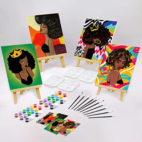 VOCHIC 4 Pack 8x10 Party Kits Canvas Painting Kit Pre Drawn Canvas for Painting for Adults Paint and Sip Supplies Afro Queen BLM Girl Paint Art Set - size: 8x10, style: style 1
