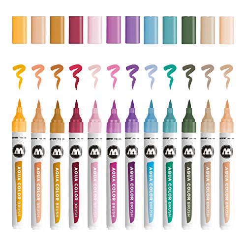 Molotow Aqua Colour Brush (Brush Pen Marker Basic Set 2, Brush Tip for Watercolour and Hand Lettering) 12 Pieces Assorted - style: Case Basic Set 2