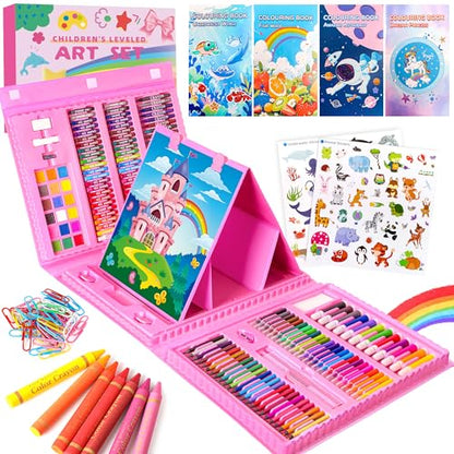 Art Supplies 332 Piece Drawing Art Kit Gifts for Girls Boys Kids Teens Gifts Art Set Case with Double Sided Trifold Easel, Stickers, Sketch Paper, Coloring Book, Pastels, Crayons, Pencils (Pink) - color: Pink