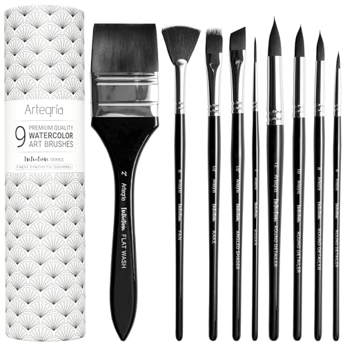 ARTEGRIA Watercolor Brush Set, 9 Professional Soft Synthetic Squirrel Paint Brushes, Including Round Detailers, Flat Wash, Rigger, Rake, Fan, Angled Shader - color: Black - 9pcs