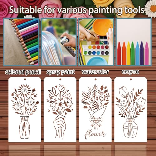 12 Sheets Vase Bouquet Painting Stencils, 12 Styles Roses Sunflowers Tulips Drawing Templates Wildflower Reusable PET Art Stencils for Painting on Wall Wood Home Decor - style: Vase Bouquet
